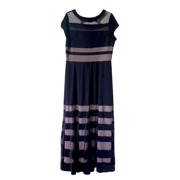 R & M Richards Navy mesh illusion neckline stripe long Formal Dress gown-8 - Picture 1 of 13